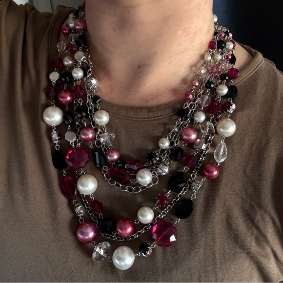 Cocktail chunky statement necklace pink black white pearl crystal multi-strand - Picture 8 of 9